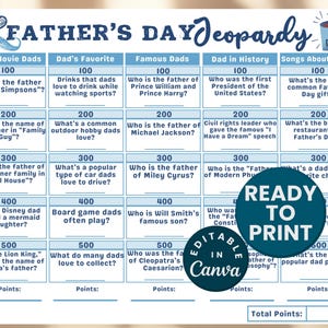 DIY Vaderdag Jeopardy-spelblad Afdrukbaar Vaderdag-spelkaartsjabloon vaderdag trivia klaslokaalspel Jeopardy Dad Party Game cadeau