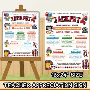 Cartello a tema casinò, programma della settimana di apprezzamento degli insegnanti, poster modificabile per il gioco del jackpot, cartello di apprezzamento per il personale, orario settimanale dei dipendenti di Las Vegas