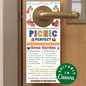 May include: A door hanger with the text "PICNIC PERFECT" and "Room Service" for teachers and staff. The design includes picnic basket illustrations, balloons, and a green circle that says "Editable in Canva".
