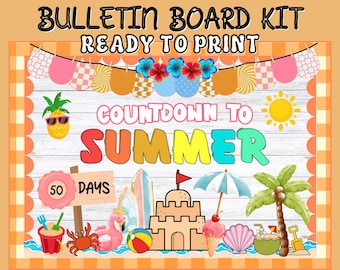 Beach Themed Countdown to Summer Bulletin Board Kit, End of School Year Classroom Decor, Summer Countdown Printable Ideas Retro Bright Board
