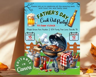 Fathers Day Cookout Invitation Flyer, Editable BBQ Party Invite, Summer Backyard Celebration for Father's Day, Backyard BBQ Cookout Canva