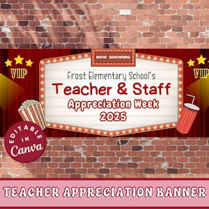 Hollywood Movie Theme Teacher Appreciation Banner Vinyl, Personalized Thank You Sign for Staff Appreciation Week, Classroom Backdrop Decor