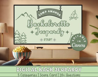 May include: A digital game board for a bachelorette party, themed as a camping trip. The board is titled "Camp Amanda Bachelorette Jeopardy" and features a campfire, mountains, and trees. The text "Editable in Canva" is on a green circle in the bottom right corner.