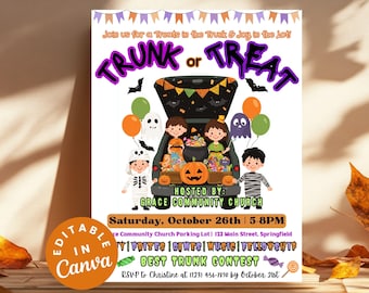 May include: A Halloween-themed poster with the words "Trunk or Treat" in purple and black. The poster features a car trunk filled with children in costumes, pumpkins, and balloons. The event is hosted by Grace Community Church.