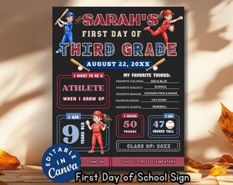 Baseball Theme First Day of School Sign, Editable Sports Last Day of Third Grade Flyer Baseball Photo Prop Back to School All About Me DIY