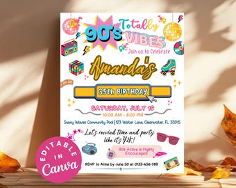 Flyer de fête d'anniversaire des années 90, invitation rétro modifiable pour une fête d'anniversaire, Flyer de fête des années 90, invitations d'anniversaire de l'an 2000 rétro, anniversaire sur le thème des années 2000