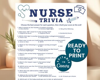 May include: A printable nurse trivia game with 13 multiple choice questions. The questions cover topics such as nursing history, vital signs, and common nursing acronyms. The game is ready to print and includes a blue and white color scheme with a red cross symbol.