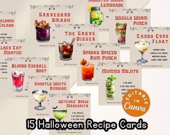 Receptkaarten voor Halloween-cocktails bewerkbaar 15 Spooky Party Recept Cadeau-idee voor de feestdagen DIY Receptkaart voor een drankje voor de feestdagen
