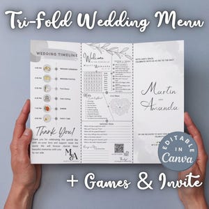 May include: A tri-fold wedding menu template with a timeline, welcome message, and wedding vows. The menu is editable in Canva and includes games and an invite. The template features a gray and white color scheme with floral accents.