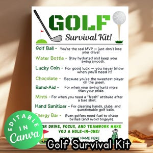 Op de afbeelding: Een witte poster getiteld "Golf Survival Kit" met groene tekst en afbeeldingen. De poster bevat een golfbal, club en tee, samen met een lijst met essentiële items zoals een waterfles, geluksmunt en pleister. De woorden "Editable in Canva" zijn ook aanwezig.
