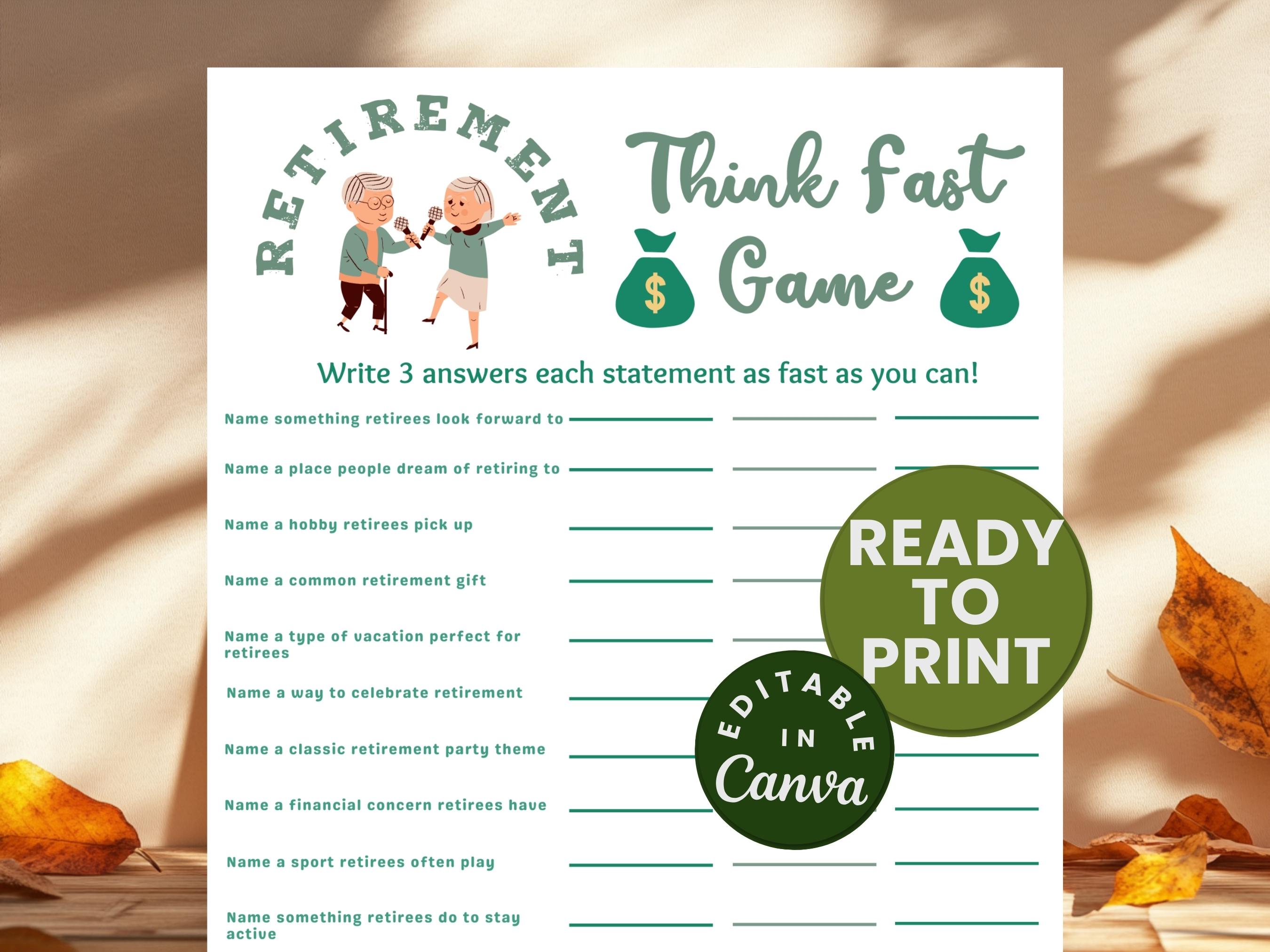 Printable Retirement Fun Guide.pdf Retirement Think Fast Game Printable Retiree Game Sheet Fun Party Games ...