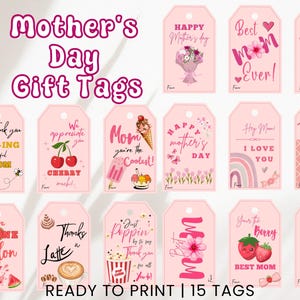 Op de afbeelding: Roze Moederdag cadeaulabels met diverse ontwerpen en teksten, waaronder "Happy Mother's Day" en "Beste mama ooit". De labels bevatten illustraties van bloemen, kersen en ijs. De tekst "READY TO PRINT | 15 TAGS" is ook zichtbaar.