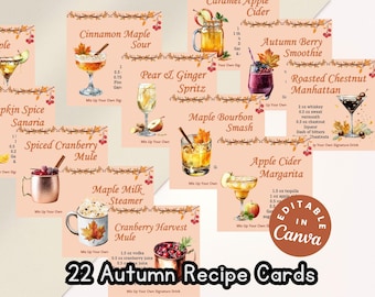 Herfstcocktailreceptkaarten Bewerkbare Friendsgiving-feestrecept Vakantiecadeau-idee Herfst DIY-receptkaart alcoholvrije drank Receptkaart Herfstfeest