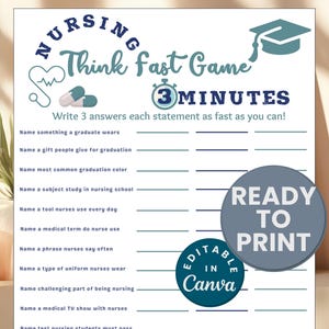 Nursing Student Graduation Party Games Printable Nurse Grad Think Fast Game Nurse Party Game Ideas College Graduation Trivia Party Games DIY