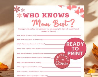 Who Knows Mom Best Game Sheet Printable Mothers day Party Game Ideas Granny Trivia Game Mom Trivia Game Party Idea Mommy Gift Ideas Mom Bday