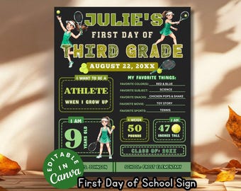 Tennis Theme First Day of School Sign, Editable Sports Last Day of Third Grade Flyer Tennis Photo Prop Back to School All About Me DIY