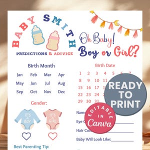 Gender Reveal Prediction Game Card Druckbare Baby Shower Predict Party Game Sheet Errate das Geschlecht Baby Predictions And Advice Card Editierbar