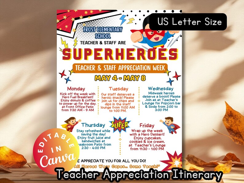 Superhero Teacher Appreciation Week Itinerary Editable Super Teacher ...