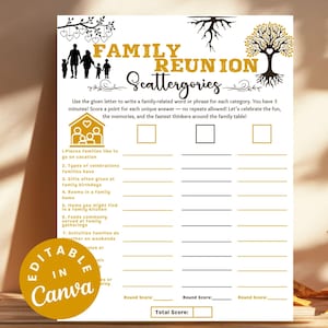 Family Reunion Scattergories Game Sheet Fun Printable Family Trivia Activities for Family Event Gatherings, Family Reunion Trivia Game Night