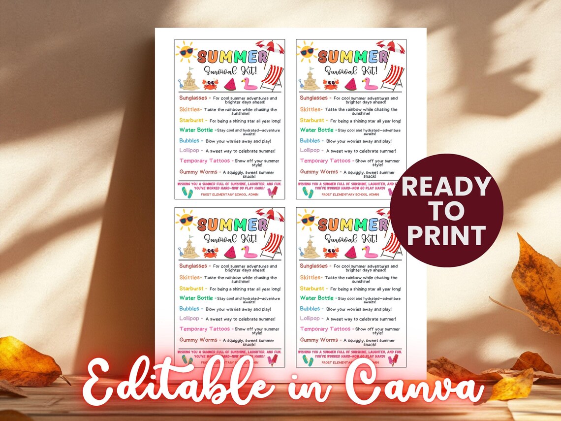 Teacher Summer Survival Kit for Kids, Printable Gift Tags for End of ...