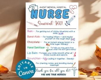 May include: A white poster with the text "AVENT MEDICAL HOSPITAL NURSE Survival Kit!" in blue and red. The poster lists items like gum, band-aids, chocolate, hand sanitizer, lip balm, and scrunchies. The bottom reads "Thank you for all you do! YOU ARE TRUE HEROES!"