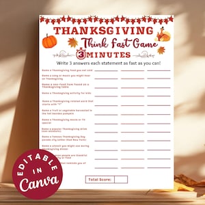 Thanksgiving Think Fast Game, Fun Activities for Family Gatherings, Friendsgiving Trivia Party Game, Printable Think Fast Office Party Game