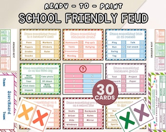 May include: A colorful "School Friendly Feud" game set with 30 cards, scoreboards, and answer keys. The cards feature various school-related categories and prompts, perfect for classroom activities.