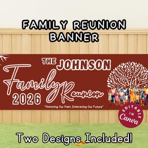 May include: A maroon banner with white text that reads "FAMILY REUNION BANNER". The banner says "THE JOHNSON Family Reunion 2026" with a family tree graphic and a group of people. The text "Two Designs Included!" is at the bottom.
