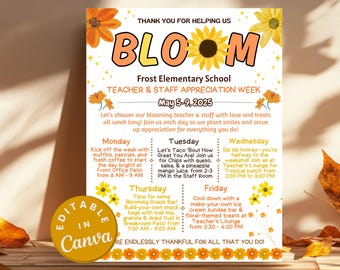 Helping Us Bloom Floral Teacher Appreciation Week Editable Itinerary Flower Flyer, Spring Garden Poster Schedule for Staff Events Printables