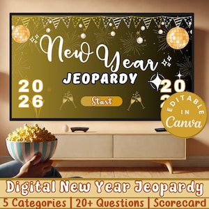 New Year Jeopardy Virtual Office Year End Party Game, Fun Holiday Trivia PowerPoint Game, New Year&#39;s Eve JeoParody Zoom Meeting Scoreboard