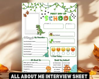 Dinosaur All About Me Interview Sheet Dino Theme Back to School Printable Kids First Day of School Student Questionnaire Favorite Things PDF