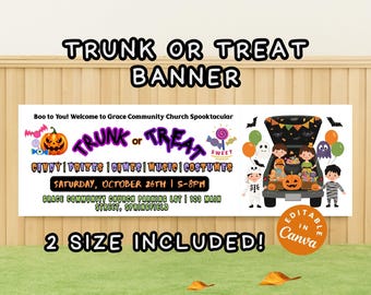 Banner imprimible de "Baúl o Trato" para iglesia, banner decorativo de Halloween para auto, banner de "Baúl o Trato" para escuela, plantilla editable de decoración de Halloween espeluznante