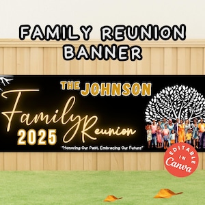May include: Black banner with gold text that reads "Family Reunion 2025" and "The Johnson Family". A family portrait is on the right side. The banner is on a wooden fence with grass and leaves.