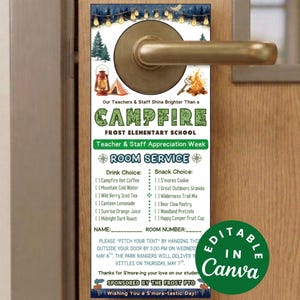 Camping Theme Door Hanger Teacher Appreciation Week, Campfire S'mores Room Service Snack Tag, Editable Staff Appreciation Week Menu Camp DIY