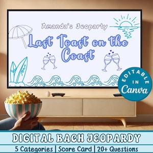 Retro Beach Bridal Shower Trivia Jeopardy Game Last Toast on the Coast Bachelorette Party Editable Canva PPT Cowgirl Bachelorette PowerPoint