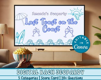 Retro Beach Bridal Shower Trivia Jeopardy Game Last Toast on the Coast Bachelorette Party Editable Canva PPT Cowgirl Bachelorette PowerPoint