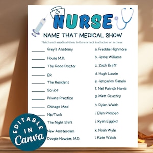 Nurse Movie Trivia Game Name that Medical Show Nurses Week Games Printable Nurse Graduation Party Games Nurse Trivia Retirement Medical Game