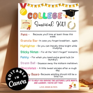 College Survival Kit, bearbeitbare Canva-Vorlage für das Abschlussgeschenk, druckbare Geschenkkartenhalter für Studenten, Ideen für die High School Geschenkkarte