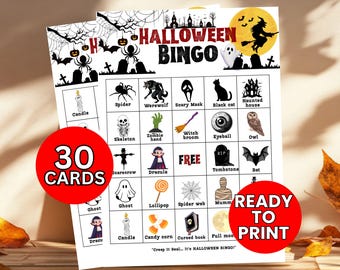 30 tarjetas únicas de bingo de Halloween para imprimir. Tarjetas de juego de preguntas y respuestas de Halloween. Divertido juego para fiestas navideñas. Actividades de verano. Juego de bingo de fantasmas espeluznantes.