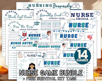 Bundle de jeux-questionnaires sur l'infirmière Emoji médical Jeopardy à imprimer pour la remise des diplômes des infirmières Jeu de la semaine d'appréciation des infirmières en matière de retraite