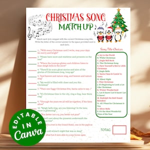 Christmas Song Trivia Match Up Game Sheet Printable Fun Holiday Game for Family, Christmas Office Party Music Matching Holiday Trivia Games