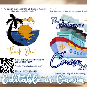 May include: A family reunion invitation with a cruise ship illustration. The invitation includes the text "The Johnson Cruise 2025" and "Set Sail with Us for a Sea-sational Family Reunion!" The invitation also includes a QR code and contact information.