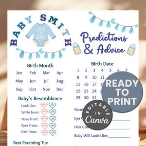 Carte de prédictions et de conseils pour une baby shower, feuille de jeux imprimable pour baby shower, Jeu de société : Prédictions pour bébé