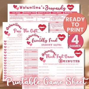 May include: Printable Valentine's Day game sheet with four different games: Valentine's Jeopardy, Galentine's Pass the Gift, Valentine's Friendly Feud, and Valentine's Think Fast Game. The games are pink and red with hearts and lips.
