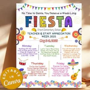 Fiesta Teacher Appreciation Week Editable Mexican Fiesta Theme Staff Appreciation Printable Itinerary Flyer Nacho Average Taco Fiesta Poster