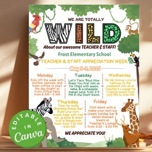 Itinéraire de la semaine d'appréciation des enseignants de la jungle, Modèle modifiable, Calendrier imprimable, Vous êtes fou, organisateur d'événements scolaires, Poster sur le thème de la jungle