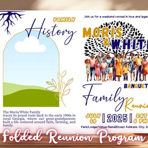 May include: A folded family reunion program with a light blue and green landscape design on the left and a family portrait on the right. The program includes the text "Moris & White Family Reunion Banquet" and the date July 19, 2025.