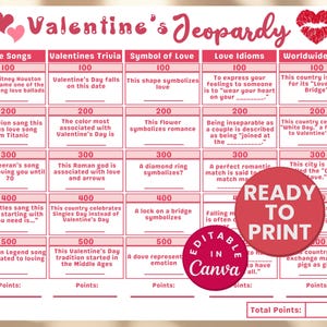 Feuille de jeu de la Saint-Valentin, activité périlleuse à imprimer pour enfants, école, cartes de la Saint-Valentin, jeu de société Jeopardy à faire soi-même
