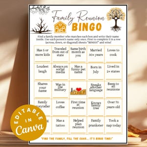 Family Reunion Bingo Game Sheet Fun Printable Family Trivia Games, Icebreaker Activity for Family Gatherings Family Reunion Party Bingo Game