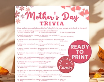 Moederdag Trivia Spelblad Afdrukbaar Moeder Verjaardagsfeestje Spel Oma Spel Moms Day Trivia Feestavond Spel Moedersdag Tea party spel DIY